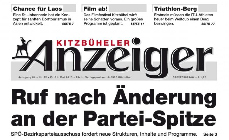 Titelseite der Kitzbüheler Anzeiger-Zeitung mit Schlagzeilen über politische Veränderungen, Sportereignisse und Entwicklungschancen in Asien.
