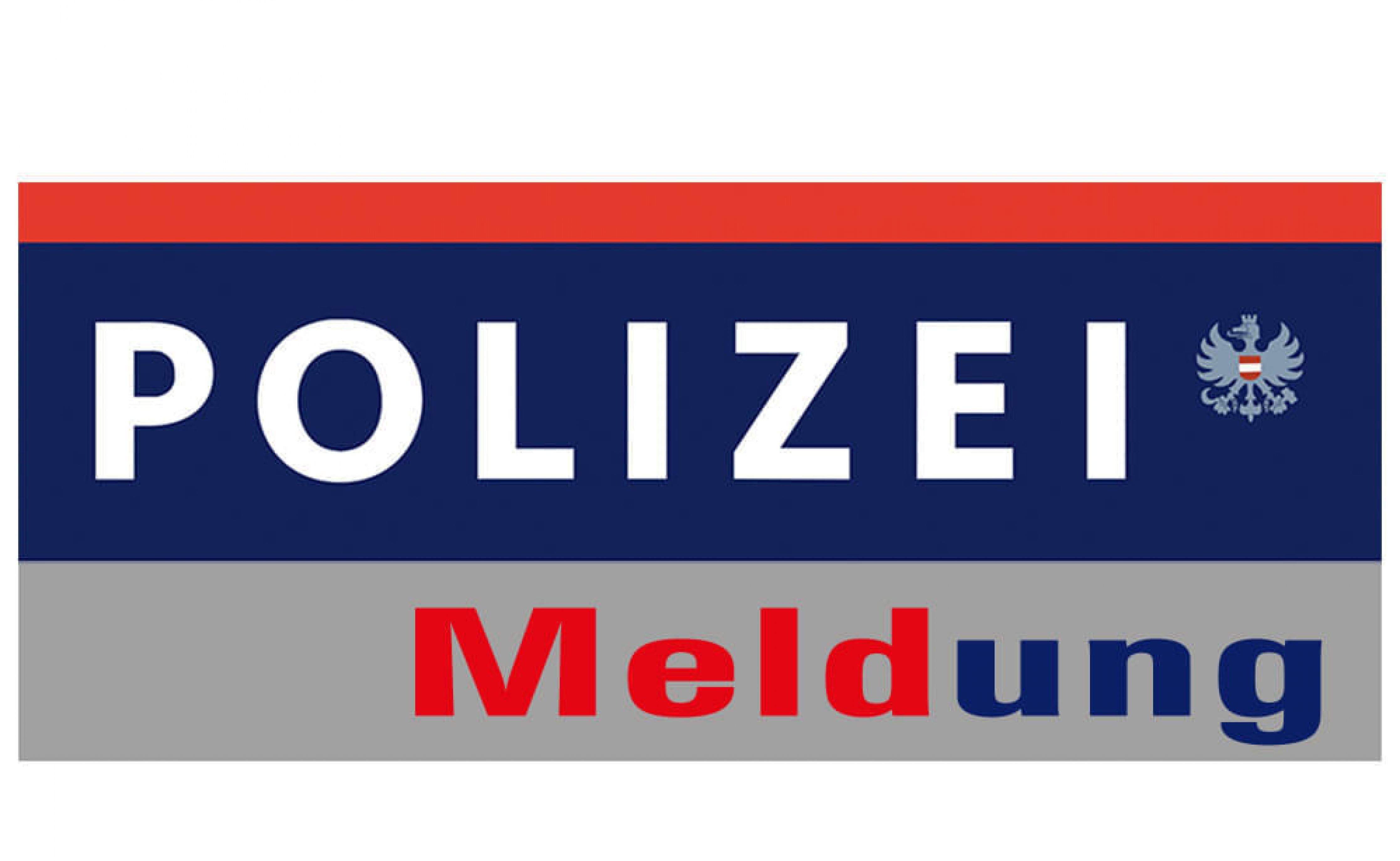 Logo einer Polizeimeldung mit den Worten "POLIZEI Meldung" in Blau und Rot auf einem grau-blauen Hintergrund.