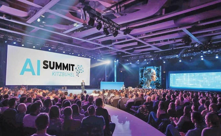 Ein großer Konferenzsaal mit Publikum, das einer Präsentation auf einer Bühne mit dem Text 'AI Summit Kitzbühel' auf einem großen Bildschirm folgt.