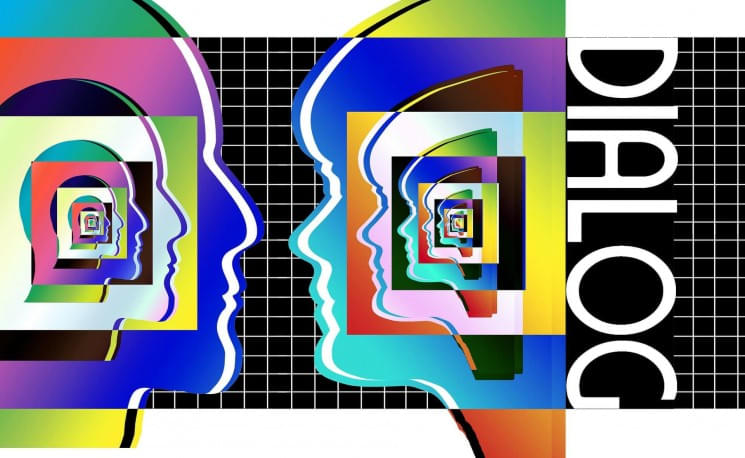 Grafik mit zwei stilisierten Gesichtern im Profil, die sich gegenüberstehen. Im Hintergrund Muster aus Quadraten, rechts steht "DIALOG" in Großbuchstaben.
