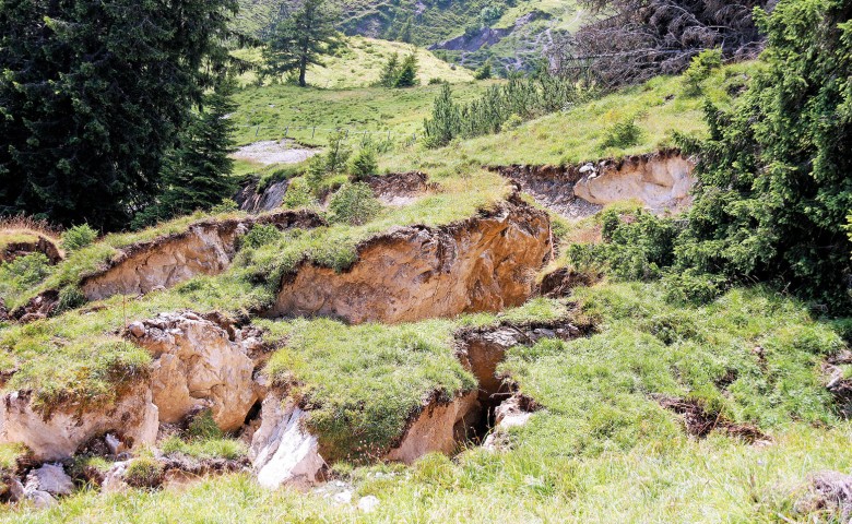 Eine grüne Landschaft mit Erosionsschäden; freiliegende Erdböden und Grasnarbe unterbrochen von Rissen. Bäume und Hügel umgeben die beschädigte Fläche.