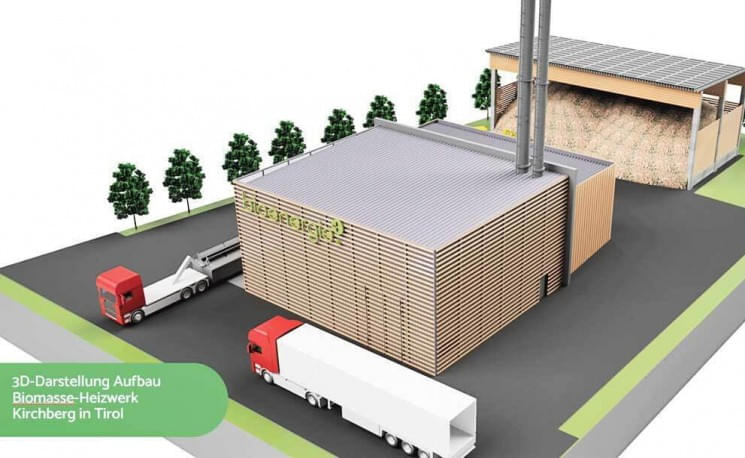 3D-Darstellung eines modernen Biomasse-Heizwerks mit LKWs, einer Lagerhalle und erkennbarer Begrünung, umgeben von Bäumen.