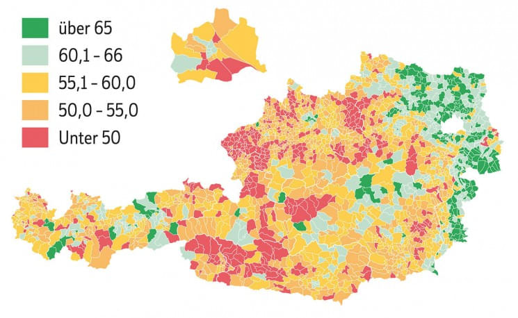 Eine farbcodierte Karte von Österreich zeigt Bevölkerungsverteilung nach Altersgruppen: Grün über 65, Gelb 60-66, Orange 55-60, Hellrot 50-55, Dunkelrot unter 50.