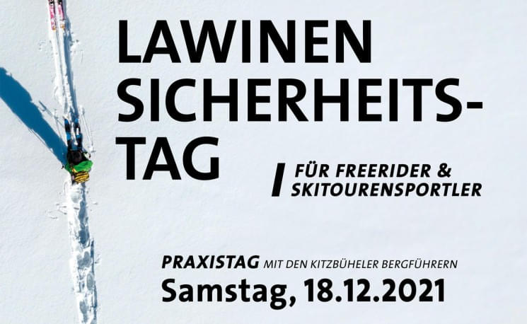 Ein Poster für den Lawinen-Sicherheitstag am 18.12.2021, mit Infos für Freerider und Skitourensportler, organisiert von den Kitzbüheler Bergführern.