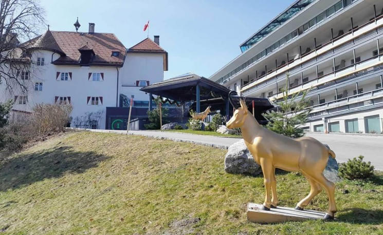 Goldene Hirschstatue in einem grünen Park, neben einem großen weißen Gebäude mit traditionellen Dach und einem modernen Anbau im Hintergrund.