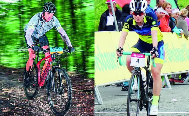 Zwei Radfahrer, einer im Wald auf einem Mountainbike, der andere auf einem Rennrad bei einem Straßenrennen. Beide tragen Helme und sportliche Kleidung.