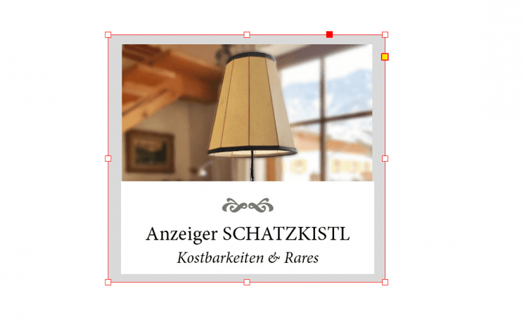 Werbung für 'Anzeiger SCHATZKISTL' mit einem stilvollen Interieur im Hintergrund, zeigt eine Lampe und den Hinweis auf Kostbarkeiten und Rares.