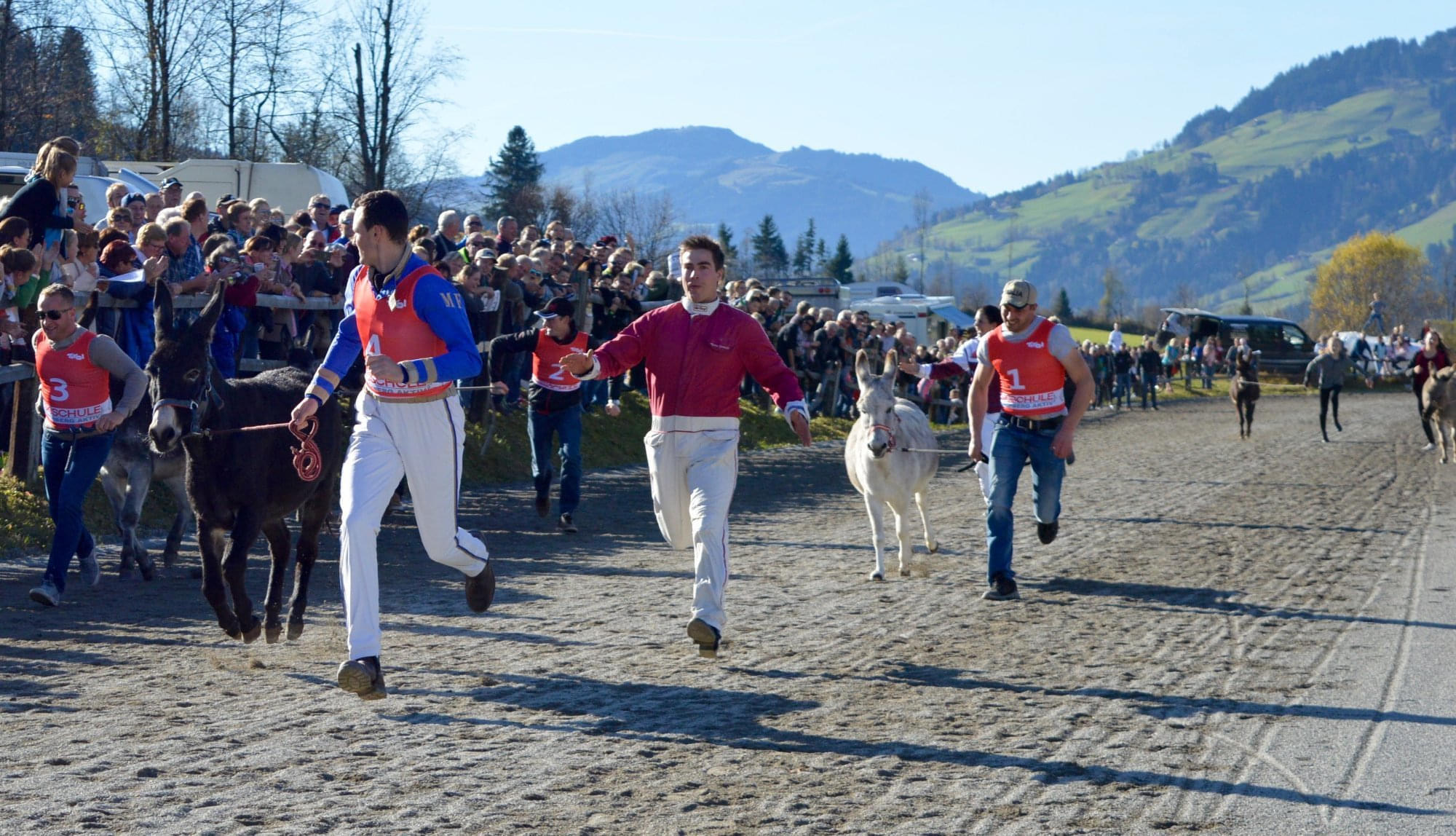 Menschen beim Eselrennen auf einem ländlichen Weg, umgeben von Zuschauern, mit herbstlichen Bäumen und Hügeln im Hintergrund.