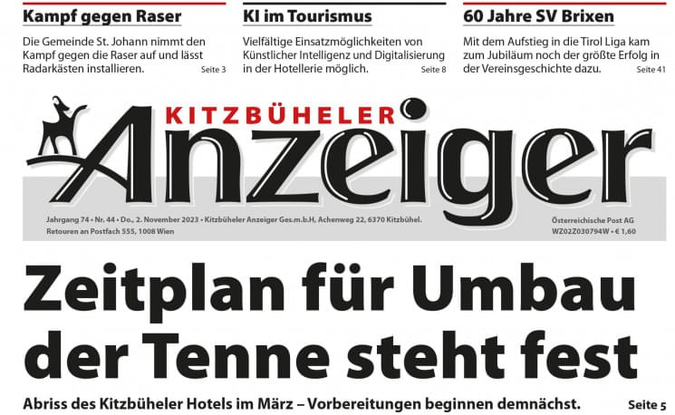 Titelseite der Zeitung "Kitzbüheler Anzeiger" mit Berichten über Verkehrssicherheit, KI im Tourismus und bauliche Veränderungen in Kitzbühel, Nov. 2023.