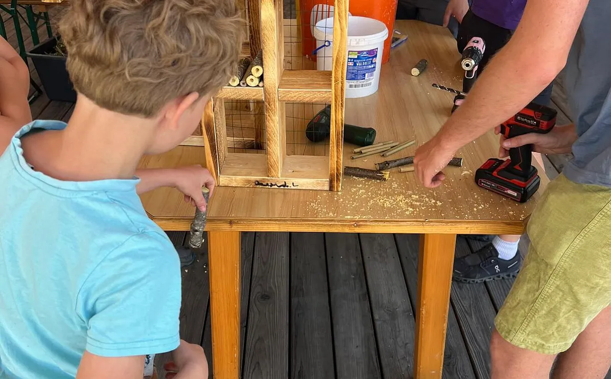 Kinder bauen ein Insektenhotel aus Holz auf einem Tisch. Werkzeuge und Materialien sind verstreut. Es wird gebohrt und geschraubt.