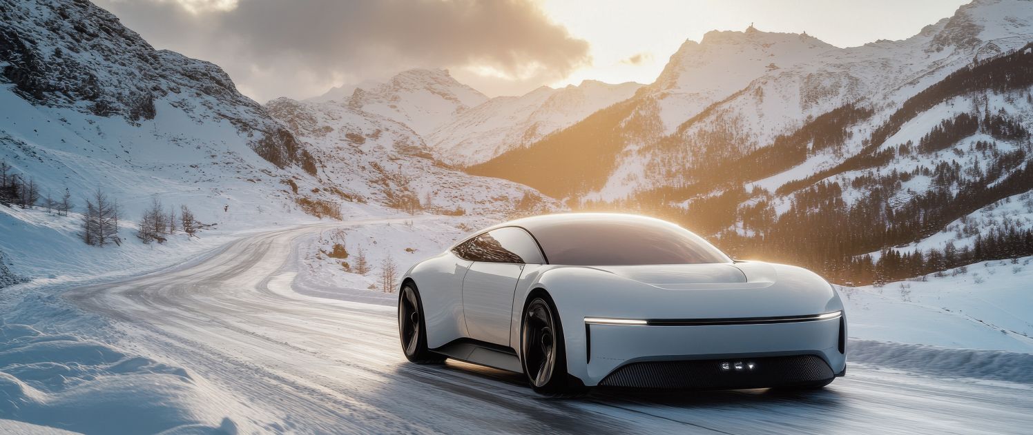 A futuristic electric car driving on a snowy road surrounded by mountains_stock.adobe.comvon Charoen