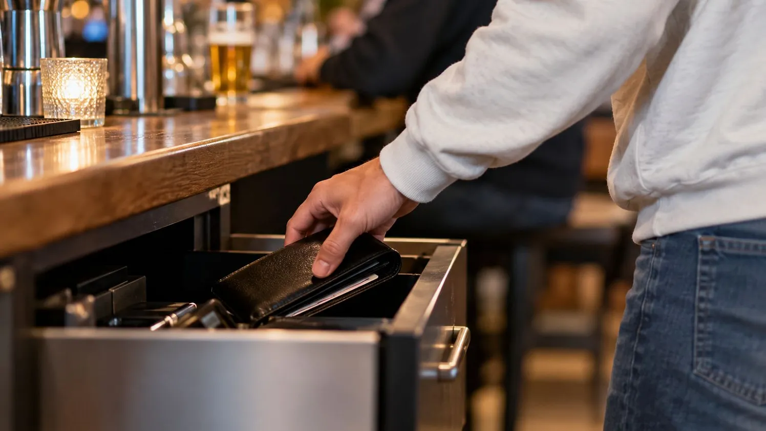 Hand greift nach Geldbörse an der Bar