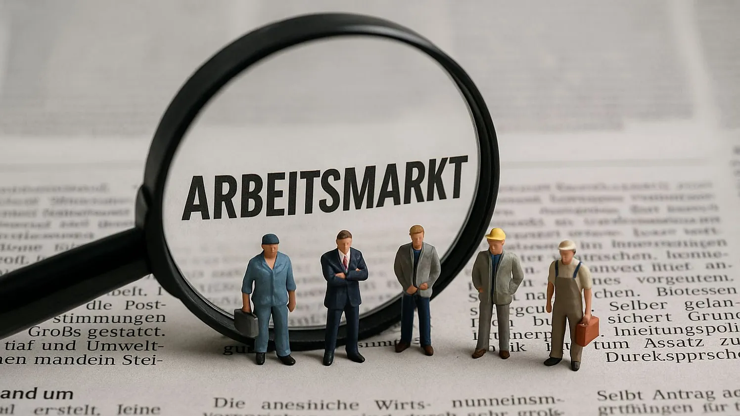 Symbolbild Arbeitsmarkt Lupe Zeitung