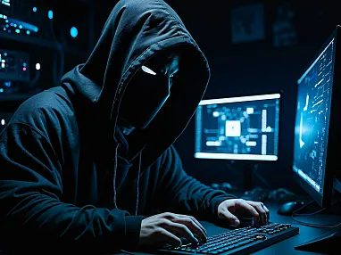 Person in dunklem Kapuzenpulli arbeitet am Computer, umgeben von Monitoren mit leuchtenden Bildschirmen in einem abgedunkelten Raum.