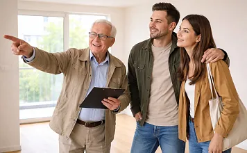 Ein älterer Mann zeigt einem lächelnden Paar in einem hellen Raum etwas. Er hält ein Klemmbrett. Das Paar schaut in die gezeigte Richtung.