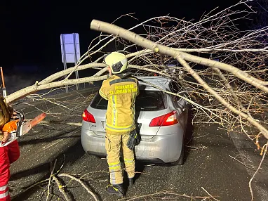 Ein Feuerwehrmann in gelber Uniform steht neben einem Auto, das von umgestürzten Ästen bedeckt ist. Nachtaufnahme auf einer Straße.