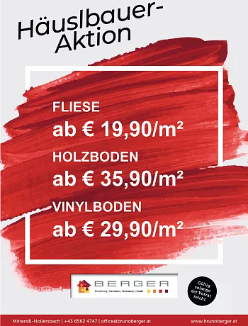 Roter Hintergrund mit weißen Texten: Fliese ab 19,90 €/m², Holzboden ab 35,90 €/m², Vinylboden ab 29,90 €/m².