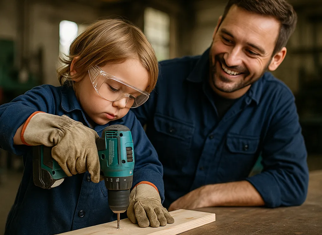 Ein Kind mit Schutzbrille und Handschuhen benutzt eine Bohrmaschine, während ein Mann daneben steht und lächelt. Beide tragen blaue Arbeitskleidung.