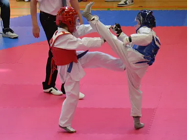 Zwei Taekwondo-Kämpfer in Schutzausrüstung treten auf pinker Matte gegeneinander an, während ein Schiedsrichter sie beaufsichtigt.