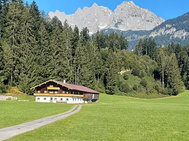 Ein traditionelles Holzhaus steht vor einer Wiese, umgeben von hohen Tannen und majestätischen Bergen im Hintergrund unter klarem, blauem Himmel.