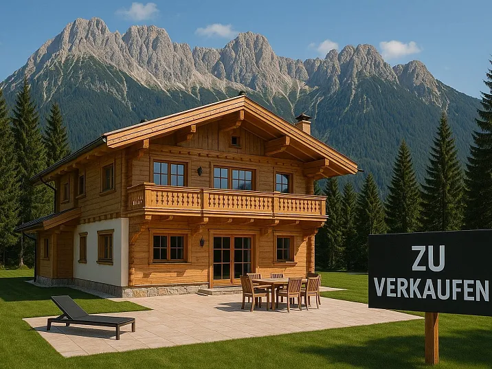 Rustikales Holzhaus vor beeindruckender Bergkulisse, umgeben von Tannen, mit „Zu Verkaufen“-Schild im Vordergrund auf einer grünen Wiese.